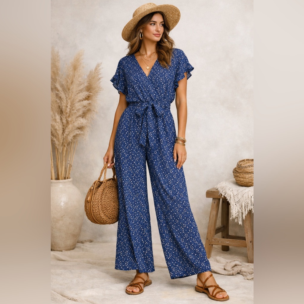 Max Studio Blue Floral Women's Jumpsuit | Size Medium Boho Festival Cottagecore